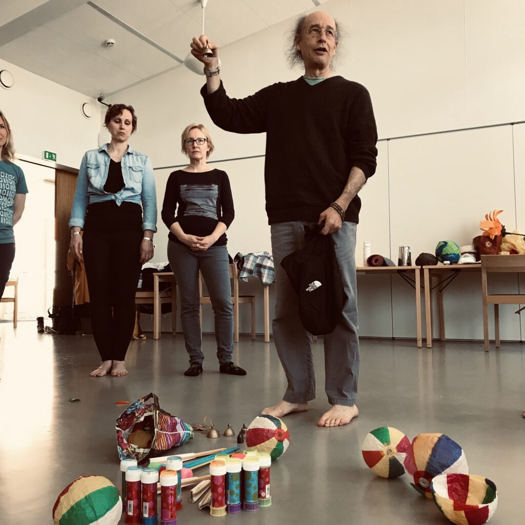 Clown teacher Moshe Cohen having a workshop in Helsinki in 2019