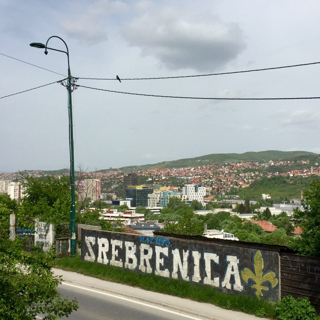 Photograph from Sarajevo, Bosnia of graffiti saying Srebrenica. Taken from 2017 Zen Peacemakers retreat in Bosnia