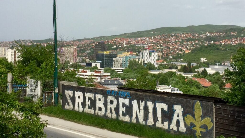 Photograph from Sarajevo, Bosnia of graffiti saying Srebrenica. Taken from 2017 Zen Peacemakers retreat in Bosnia